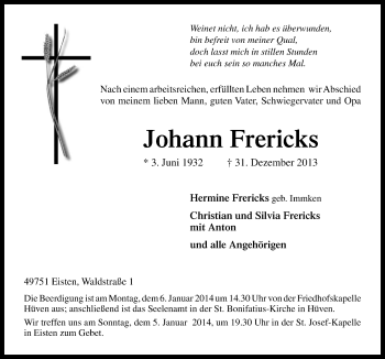 Traueranzeige von Johann Frericks von Neue Osnabrücker Zeitung GmbH & Co. KG