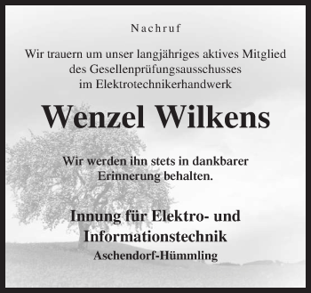 Traueranzeige von Wenzel Wilkens von Neue Osnabrücker Zeitung GmbH & Co. KG