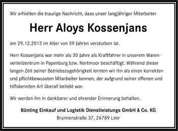 Traueranzeige von Aloys Kossenjans von Neue Osnabrücker Zeitung GmbH & Co. KG
