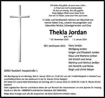 Traueranzeige von Thekla Jordan von Neue Osnabrücker Zeitung GmbH & Co. KG