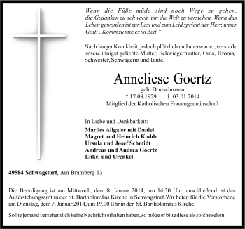 Traueranzeige von Anneliese Goertz von Neue Osnabrücker Zeitung GmbH & Co. KG