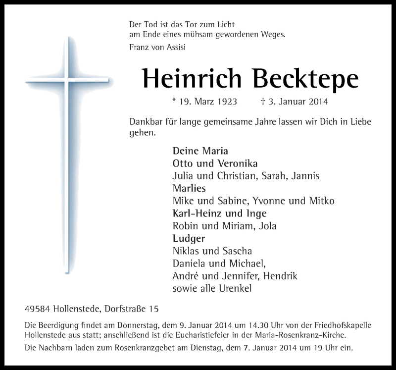  Traueranzeige für Heinrich Becktepe vom 06.01.2014 aus Neue Osnabrücker Zeitung GmbH & Co. KG