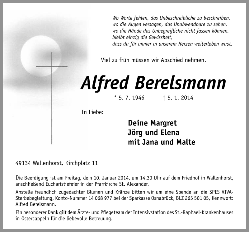  Traueranzeige für Alfred Berelsmann vom 07.01.2014 aus Neue Osnabrücker Zeitung GmbH & Co. KG