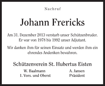 Traueranzeige von Johann Frericks von Neue Osnabrücker Zeitung GmbH & Co. KG