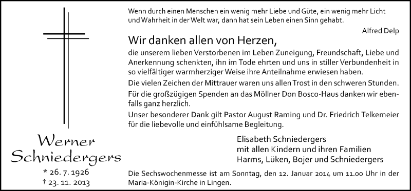  Traueranzeige für Werner Schniedergers vom 08.01.2014 aus Neue Osnabrücker Zeitung GmbH & Co. KG