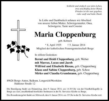 Traueranzeige von Maria Cloppenburg von Neue Osnabrücker Zeitung GmbH & Co. KG