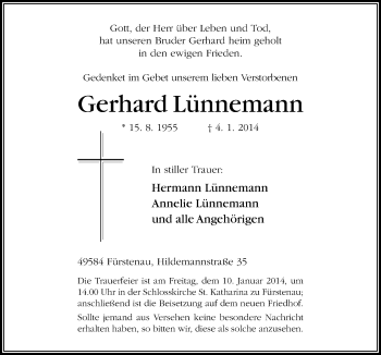 Traueranzeige von Gerhard Lünnemann von Neue Osnabrücker Zeitung GmbH & Co. KG