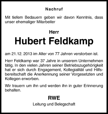 Traueranzeige von Hubert Feldkamp von Neue Osnabrücker Zeitung GmbH & Co. KG