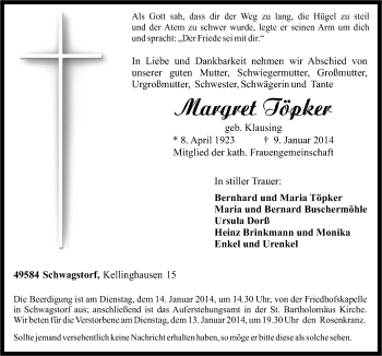 Traueranzeige von Margret Töpker von Neue Osnabrücker Zeitung GmbH & Co. KG