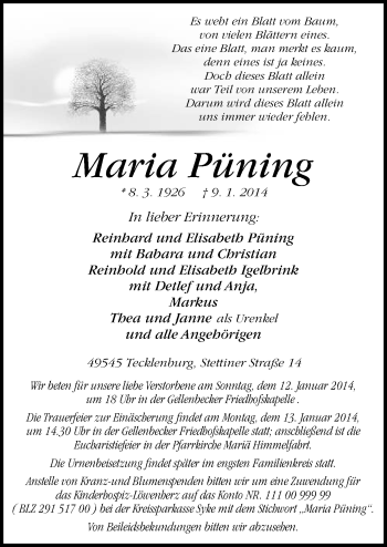 Traueranzeige von Maria Püning von Neue Osnabrücker Zeitung GmbH & Co. KG