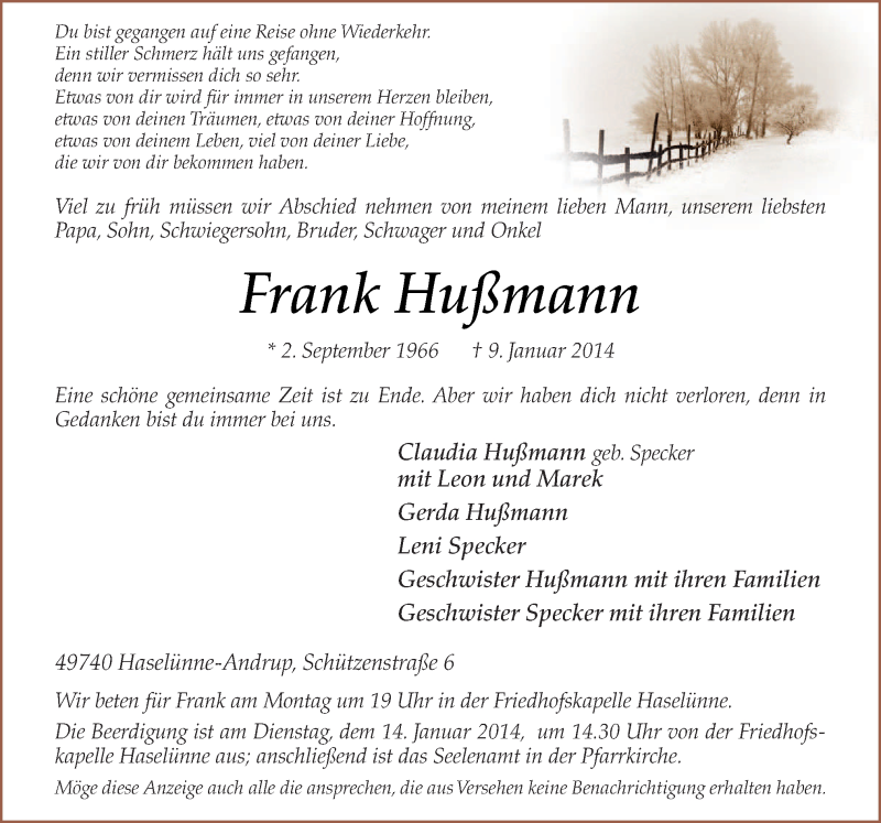  Traueranzeige für Frank Hußmann vom 11.01.2014 aus Neue Osnabrücker Zeitung GmbH & Co. KG