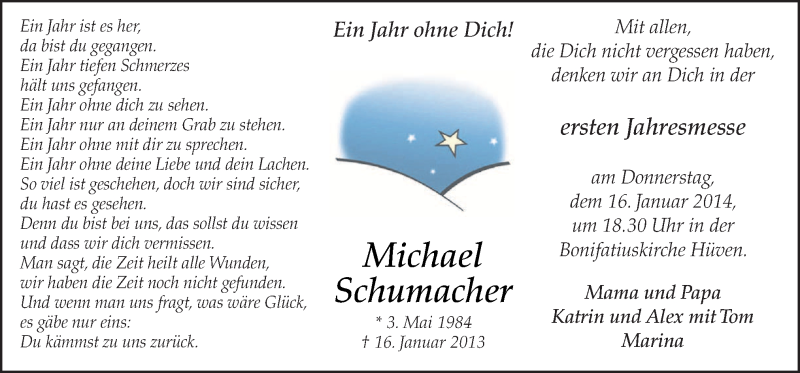  Traueranzeige für Michael Schumacher vom 14.01.2014 aus Neue Osnabrücker Zeitung GmbH & Co. KG