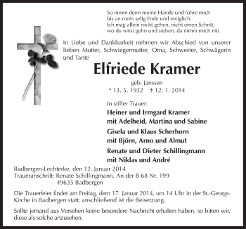 Traueranzeige von Elfriede Kramer von Neue Osnabrücker Zeitung GmbH & Co. KG