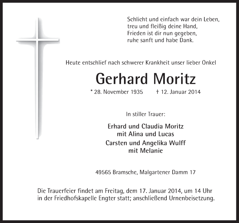  Traueranzeige für Gerhard Moritz vom 15.01.2014 aus Neue Osnabrücker Zeitung GmbH & Co. KG