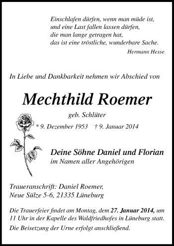 Traueranzeige von Mechthild Roemer von Neue Osnabrücker Zeitung GmbH & Co. KG