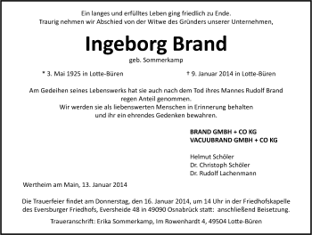 Traueranzeige von Ingeborg Brand von Neue Osnabrücker Zeitung GmbH & Co. KG