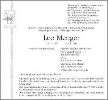 Traueranzeige von Leo Menger von Neue Osnabrücker Zeitung GmbH & Co. KG