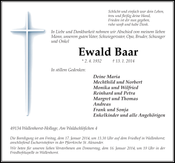 Traueranzeige von Ewald Baar von Neue Osnabrücker Zeitung GmbH & Co. KG