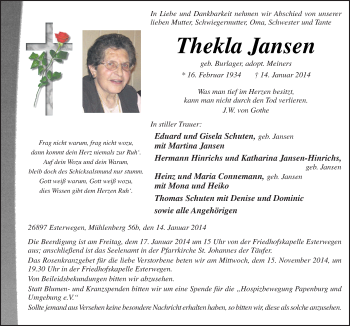 Traueranzeige von Thekla Jansen von Neue Osnabrücker Zeitung GmbH & Co. KG