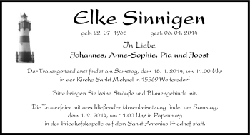 Traueranzeige von Elke Sinnigen von Neue Osnabrücker Zeitung GmbH & Co. KG