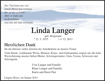 Traueranzeige von Linda Langer von Neue Osnabrücker Zeitung GmbH & Co. KG