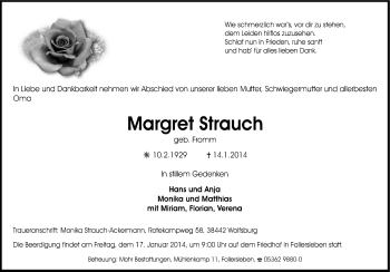 Traueranzeige von Margret Strauch von Neue Osnabrücker Zeitung GmbH & Co. KG