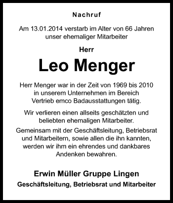 Traueranzeige von Leo Menger von Neue Osnabrücker Zeitung GmbH & Co. KG