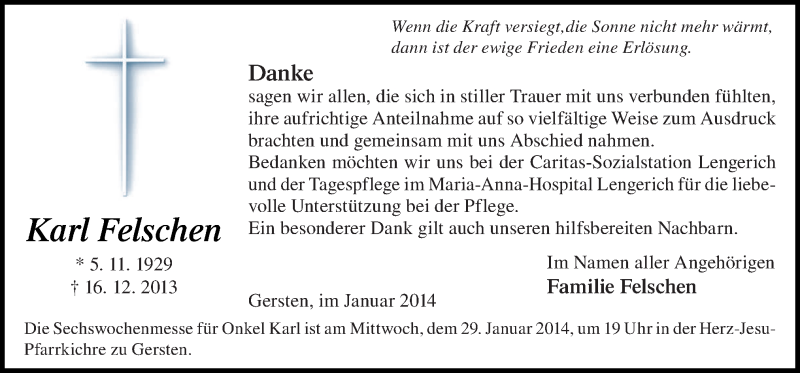  Traueranzeige für Karl Felschen vom 25.01.2014 aus Neue Osnabrücker Zeitung GmbH & Co. KG