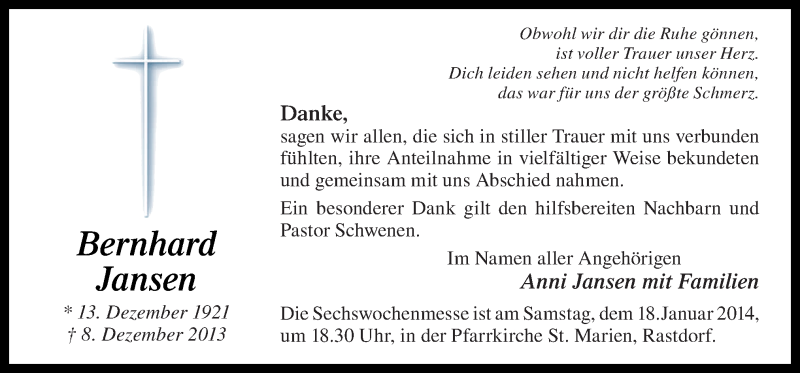  Traueranzeige für Bernhard Jansen vom 17.01.2014 aus Neue Osnabrücker Zeitung GmbH & Co. KG