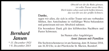 Traueranzeige von Bernhard Jansen von Neue Osnabrücker Zeitung GmbH & Co. KG