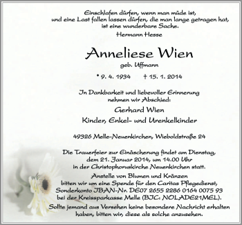 Traueranzeige von Anneliese Wien von Neue Osnabrücker Zeitung GmbH & Co. KG