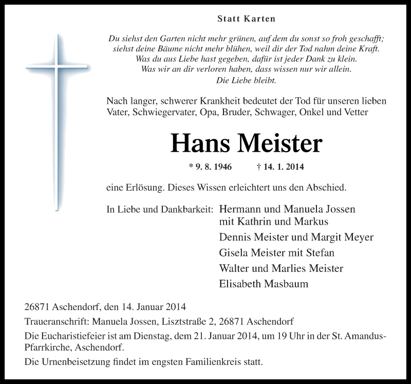  Traueranzeige für Hans Meister vom 18.01.2014 aus Neue Osnabrücker Zeitung GmbH & Co. KG