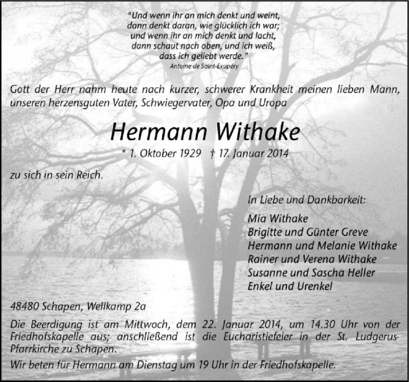  Traueranzeige für Hermann Withake vom 20.01.2014 aus Neue Osnabrücker Zeitung GmbH & Co. KG