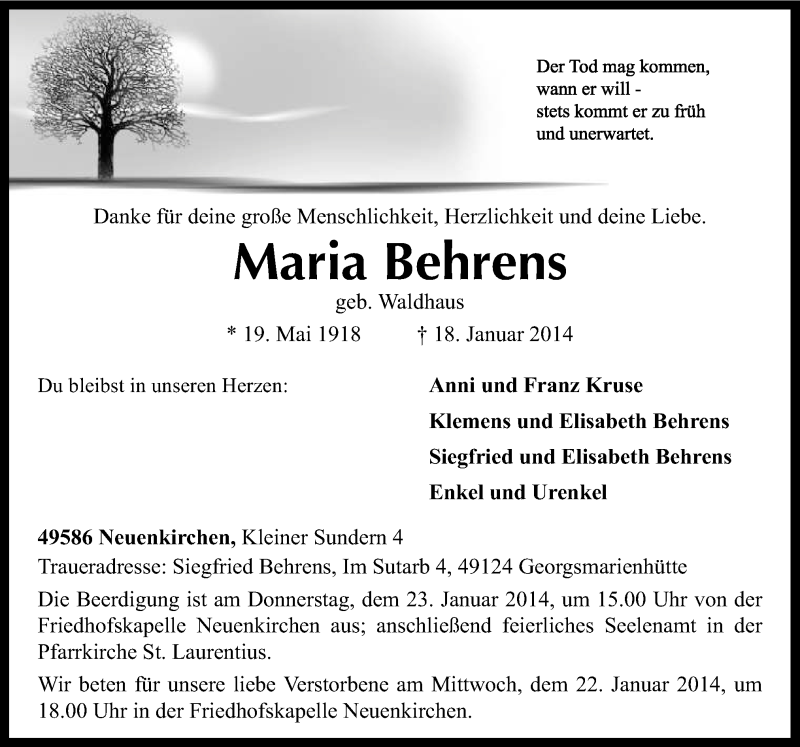  Traueranzeige für Maria Behrens vom 21.01.2014 aus Neue Osnabrücker Zeitung GmbH & Co. KG