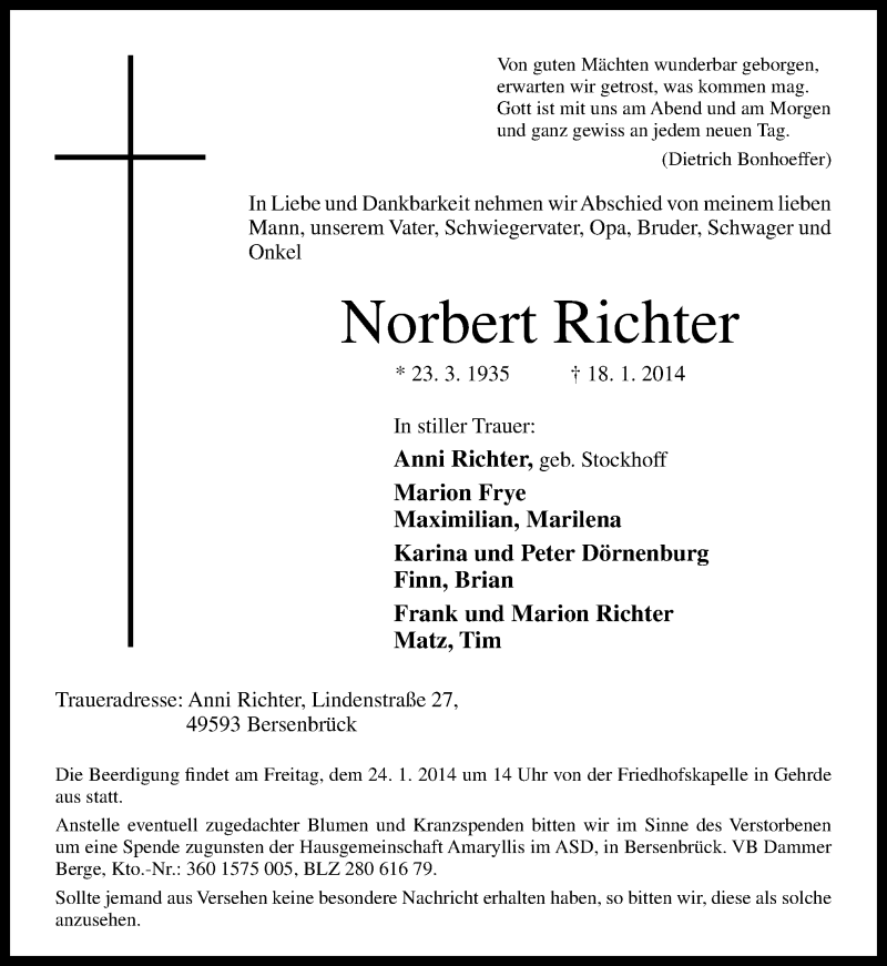  Traueranzeige für Norbert Richter vom 21.01.2014 aus Neue Osnabrücker Zeitung GmbH & Co. KG