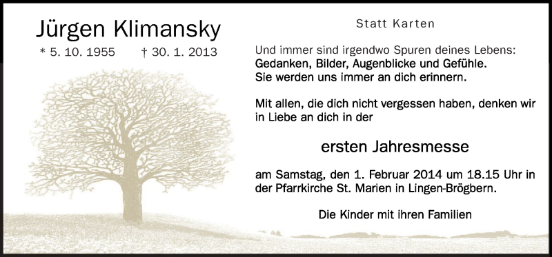 Traueranzeige für Jürgen Klimansky vom 29.01.2014 aus Neue Osnabrücker Zeitung GmbH & Co. KG