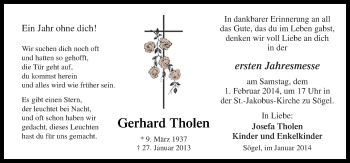 Traueranzeige von Gerhard Tholen von Neue Osnabrücker Zeitung GmbH & Co. KG