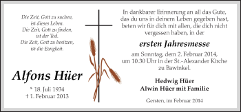 Traueranzeige von Alfons Hüer von Neue Osnabrücker Zeitung GmbH & Co. KG