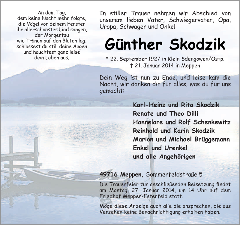  Traueranzeige für Günther Skodzik vom 24.01.2014 aus Neue Osnabrücker Zeitung GmbH & Co. KG