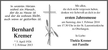 Traueranzeige von Bernhard Kremer von Neue Osnabrücker Zeitung GmbH & Co. KG