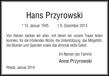 Traueranzeige von Hans Przyrowski von Neue Osnabrücker Zeitung GmbH & Co. KG