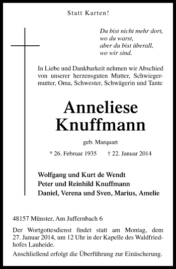 Traueranzeige von Anneliese Anneliese von Neue Osnabrücker Zeitung GmbH & Co. KG