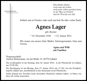 Traueranzeige von Agnes Lager von Neue Osnabrücker Zeitung GmbH & Co. KG