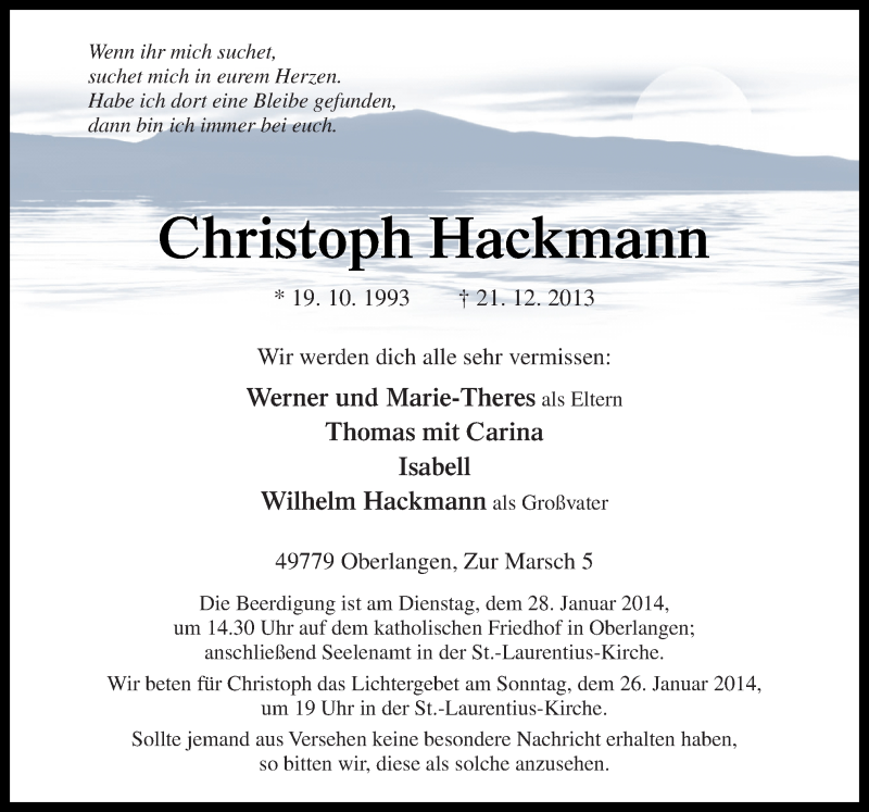  Traueranzeige für Christoph Hackmann vom 25.01.2014 aus Neue Osnabrücker Zeitung GmbH & Co. KG