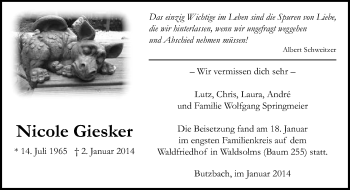 Traueranzeige von Nicole Giesker von Neue Osnabrücker Zeitung GmbH & Co. KG