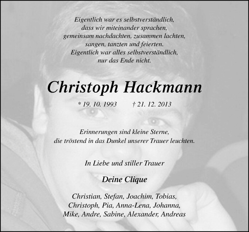  Traueranzeige für Christoph Hackmann vom 27.01.2014 aus Neue Osnabrücker Zeitung GmbH & Co. KG