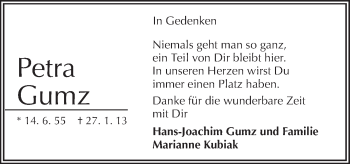 Traueranzeige von Petra Gumz von Neue Osnabrücker Zeitung GmbH & Co. KG