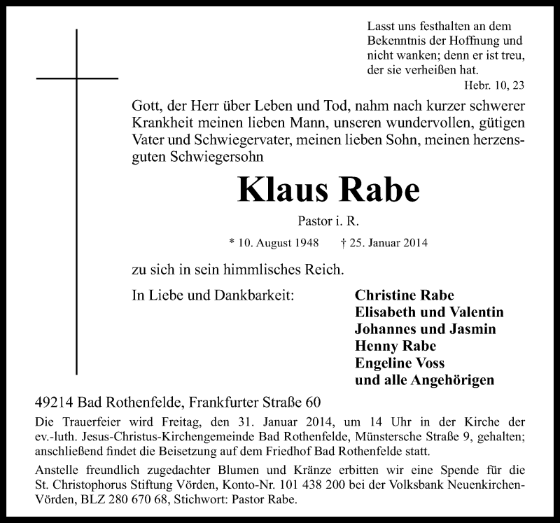  Traueranzeige für Klaus Rabe vom 27.01.2014 aus Neue Osnabrücker Zeitung GmbH & Co. KG