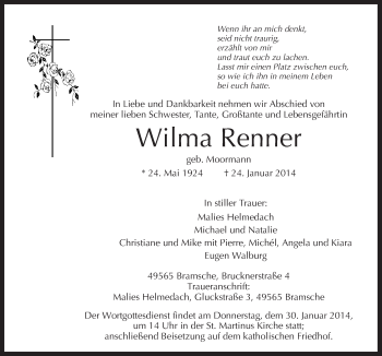 Traueranzeige von Wilma Renner von Neue Osnabrücker Zeitung GmbH & Co. KG