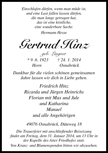 Traueranzeige von Gertrud Hinz von Neue Osnabrücker Zeitung GmbH & Co. KG